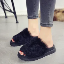 Ladies Fur Platform Sandals 2017 Summer Rabbit Hair Slippers Sapato Black Basic Flat Shoes Woman Sweet Slides Chinelo Slide