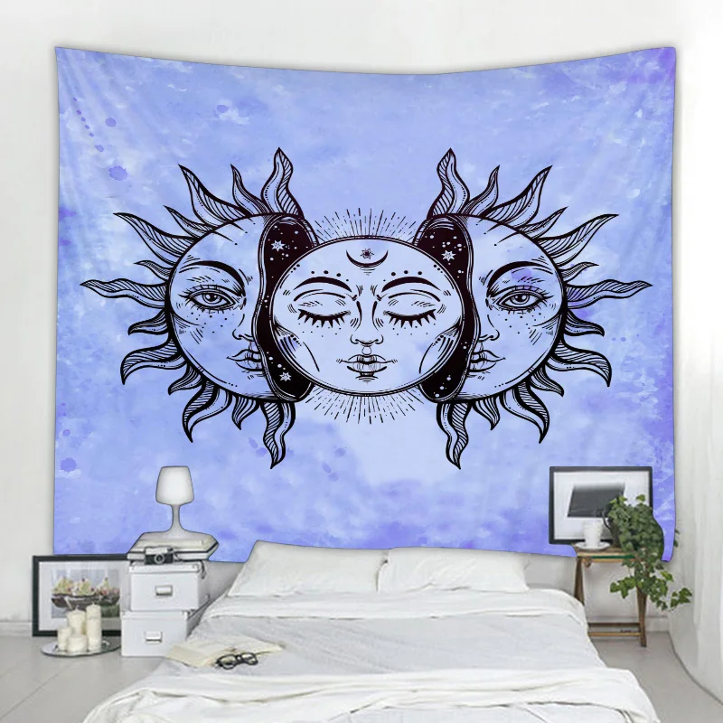 Светло-голубой Солнце Луна психоделический гобелен небесное индийское солнце Хиппи гобелен Настенное подвесное покрывало