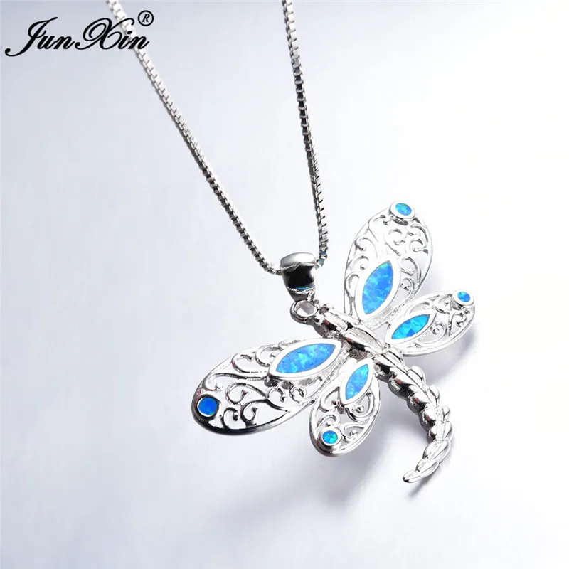 

JUNXIN Blue Fire Opal Dragonfly Pendant Women 925 Sterling Silver Filled Necklace Cute Animal Jewelry Valentine's Day Gift