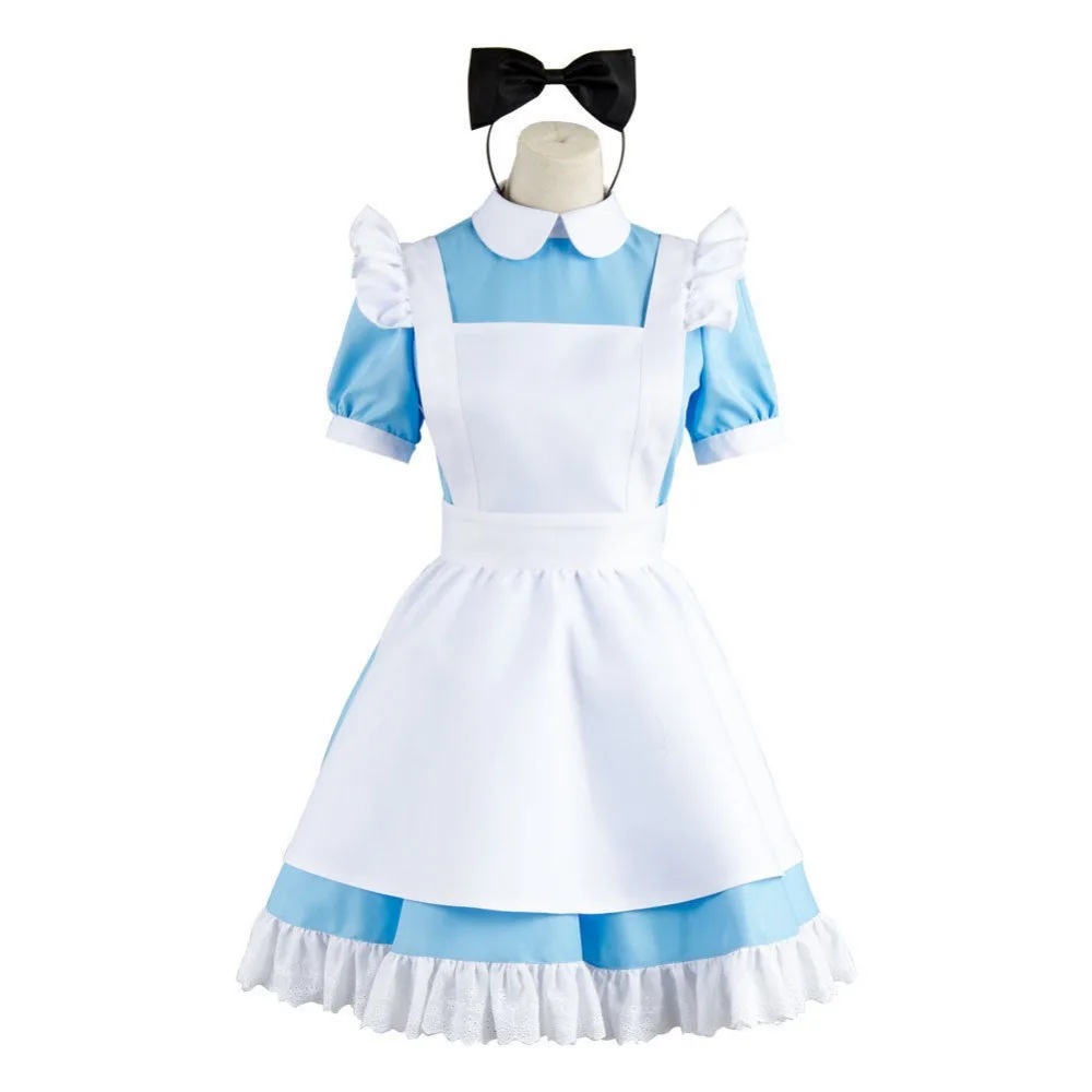 

Alice in Wonderland Maid Adult Women Cosplay Costume Lolita Blue Apron Dress Halloween Party Headwear