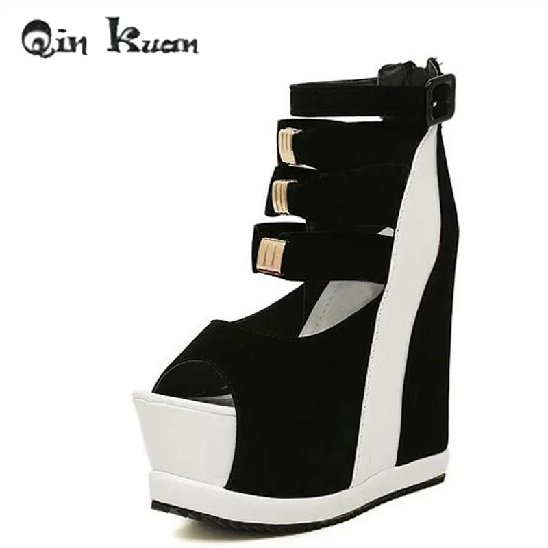 

Qin Kuan Women Ultra High Heels Nightclub European Ladies wedge Peep Toe Sandals Women Buckle Strap Sandals Shoes Size 34-39