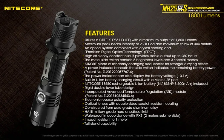 NITECORE MH25GTS с чехлом NTH25+ 18650 перезаряжаемая батарея 1800 люмен тактический Водонепроницаемый фонарь для сотрудников полиции фонарь