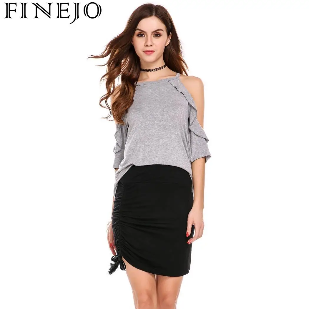 FINEJO Women Tassel Skirt Summer Autumn Fold Over Waist Solid