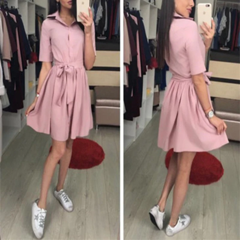 

2019 Summer Women Dresses Vintage A Line Sexy Party Dress Short Sleeve Turn Down Collar Straight Solid Mini Dress Drop Shipping