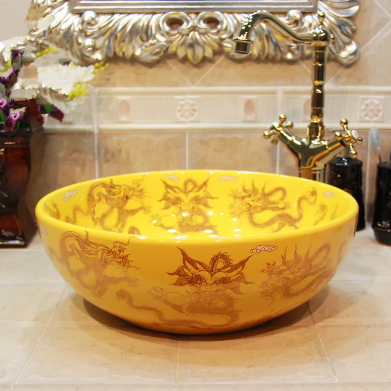 Antique Dragon pattern Round Countertop Art Lavabo Ceramic Sink Bathroom wash Basin yellow color (3)