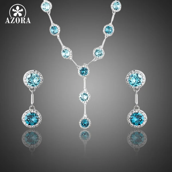 AZORA Elegant Blue Stellux Austrian Crystal Drop Earrings and Pendant Necklace Jewelry Sets for Women TG0199