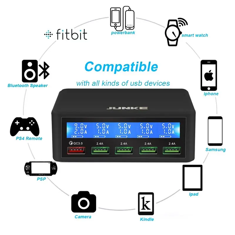 JUNKE 5 портов USB 50 Вт мульти зарядное устройство станция Быстрая зарядка несколько USB зарядное устройство концентратор светодиодный дисплей QC 3,0 Универсальный