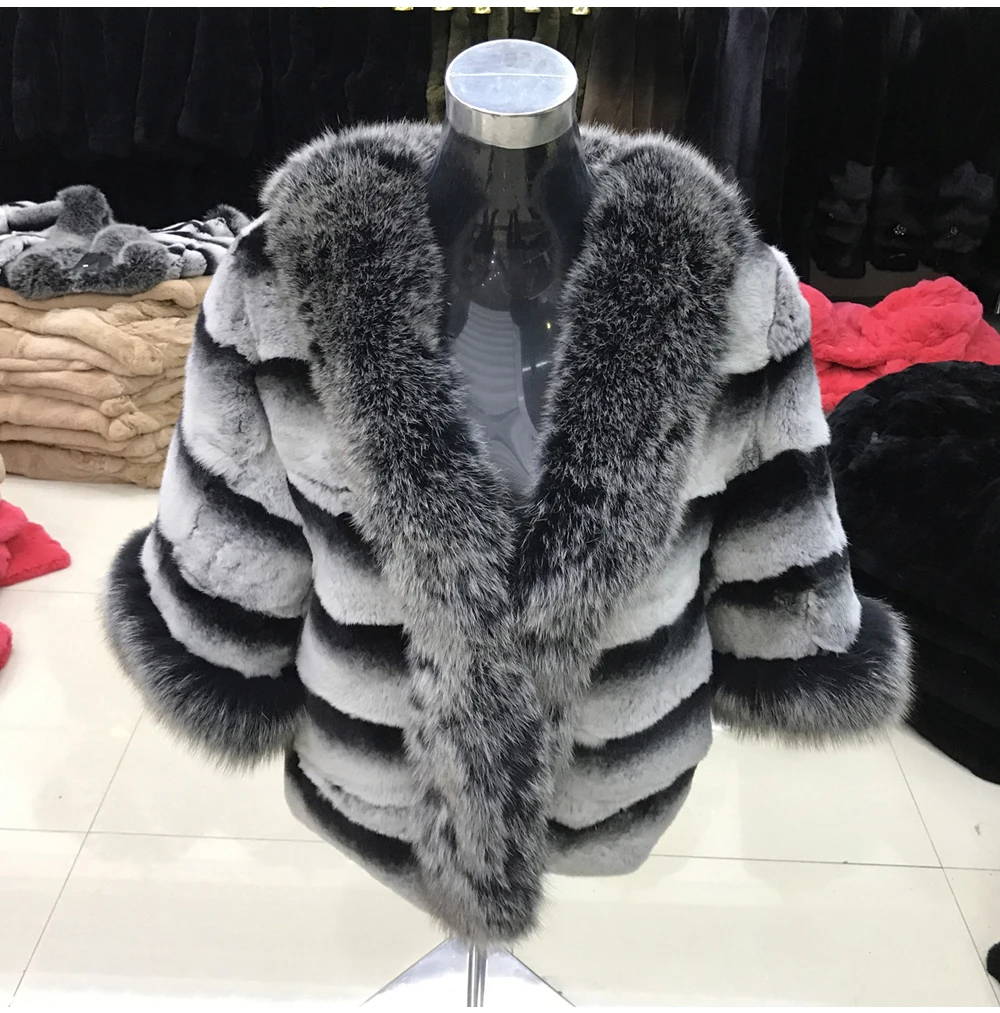 Clearance Women Rex Rabbit Fur Coat Warm Soft Rex Rabbit Fur Jacket With Big Real Fox Fur Collar 100% Natural Real Rex Rabbit Fur Overcoat 6