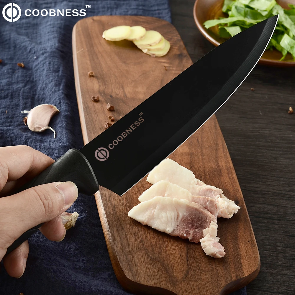 Кухонные ножи COOBNESS, профессиональный нож шеф-повара, нож Santoku, овощерезка, ножи, слайсер для нарезки сосисок, 3Cr13, стальные Черные ножи, наборы