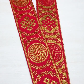 

5cm 50mm 2' Red Golden Blink Filigree Metallic Chinese Knot Costume Laciness National Jacquard Ribbon Embroidery Woven Webbing