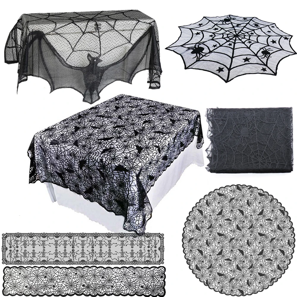 

1pcs Black Lace Spider Web Cobweb Tablecloth Table Runner Fireplace Mantle Curtain Decoration For Halloween Home Party Supply
