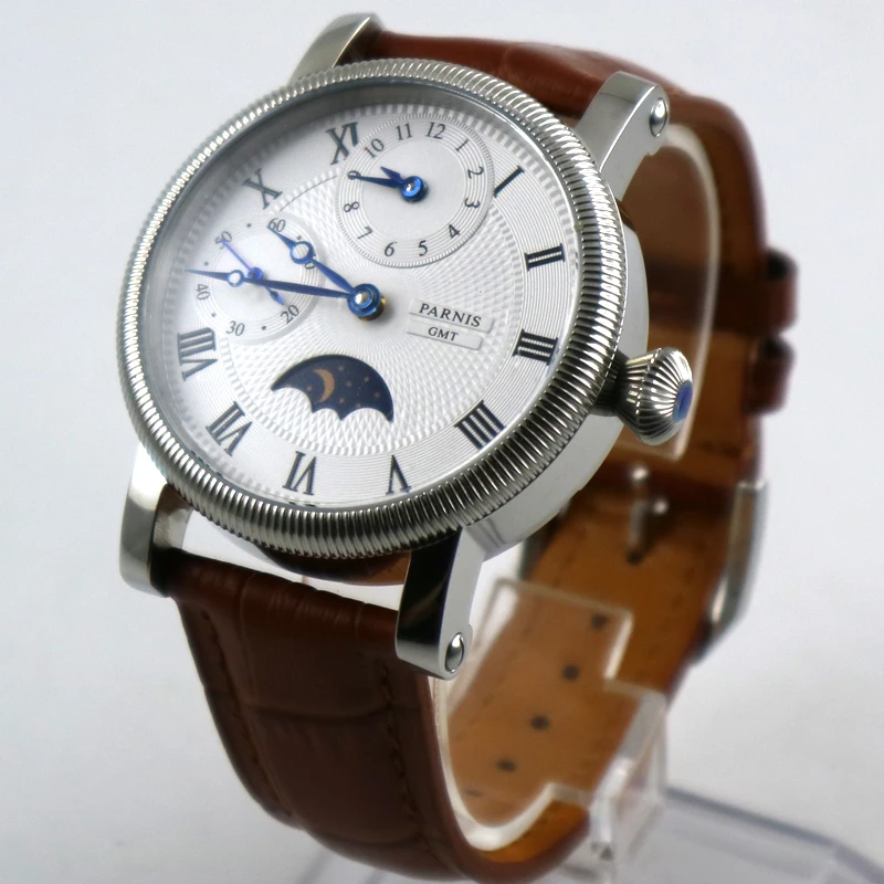 42 мм parnis белый циферблат синие метки кожаный ремешок GMT Moon Phase автоматические механические мужские часы