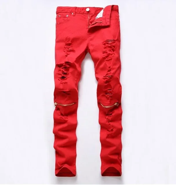 

High quality 2020 fashion Hip Hop Red color Ripped Hole knee zipper slacks Cotton Jeans Pencil pants stretch nightclub men