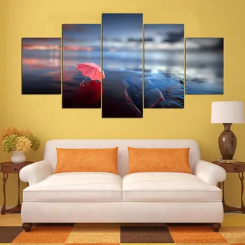 

5 Panels printed painting Red umbrella in the rain canvas home decor wall art picture for living room No Framed