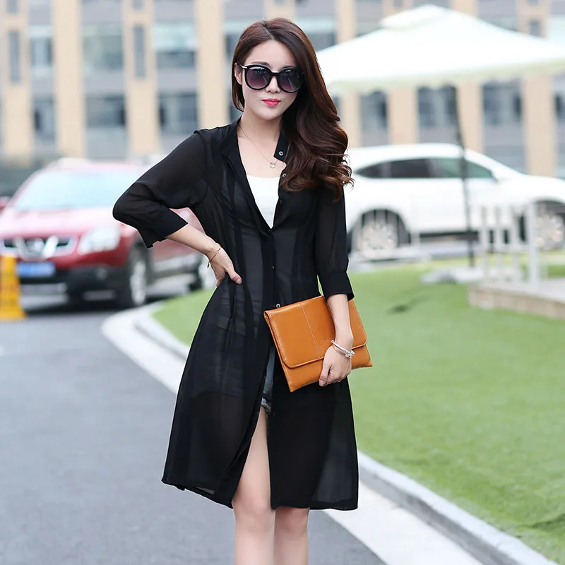 Women's long chiffon blouse shirt summer & spring elegant ladies sun protection shirt solid color chiffon shirts 5