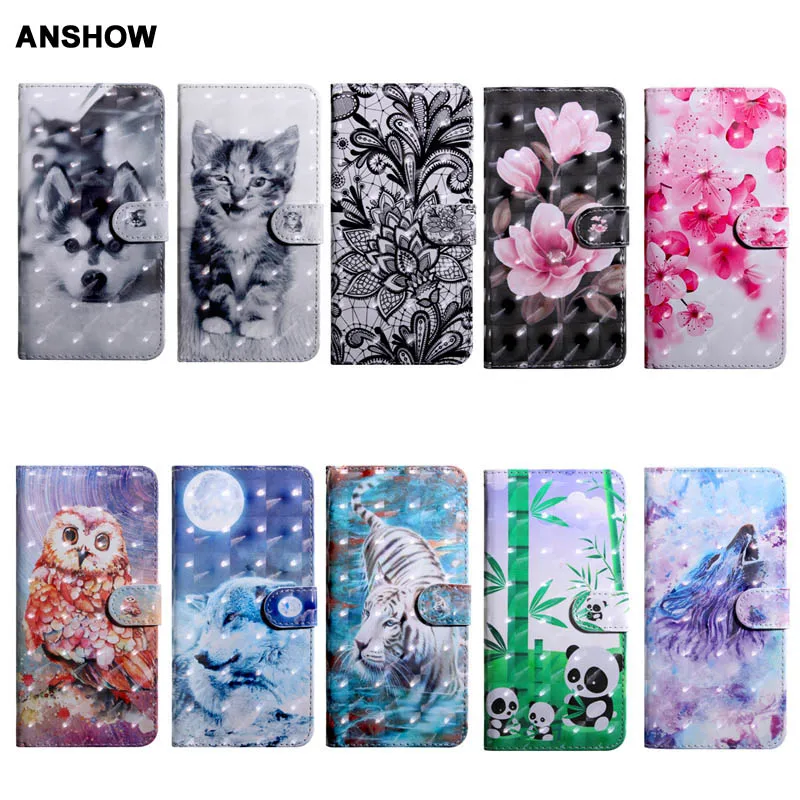 

For Galaxy Note 9 S9 J4 J6 A6 A8 A9 2018 3D Flower Leather Wallet Case Dog Wolf Tiger Cat Owl Lace Card Slot ID 70PCS