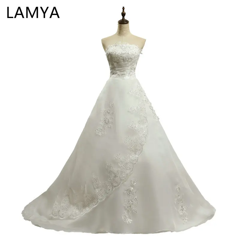 

LAMYA Court Train Wedding Dress Laciness Vestidos De Novia Strapless Sweep Lace Applique Bride Dress Gowns Robe De Mariage