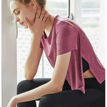 Свободные быстросохнущие футболки для йоги с короткими рукавами женские топы спортивные дышащие футболки для бега с разрезом по бокам для фитнеса