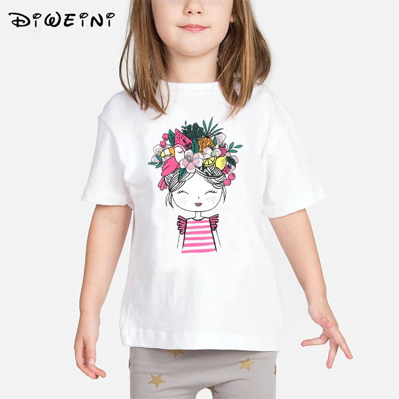 

T-shirt for Baby Girls Summer 2019 Children Clothes Flower Cute Bird Cartoon Printed tshirt Kids Short-Sleeve O-Neck White Tops