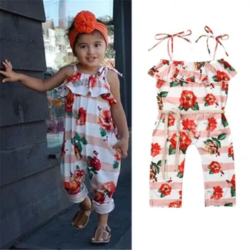 

2-6T Cute Girls Romper Set With Belt Orange Print Sleeveless Overalls Spaghetti Strap Baby Girls Clothes Baby Romper Child Set