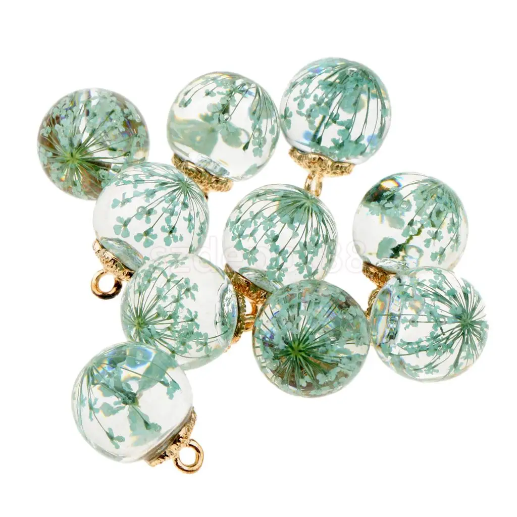 10pcs Dried Flower Glass Ball Pendant with Flower Cap DIY Earring Dangle Craft Findings Loose Beads