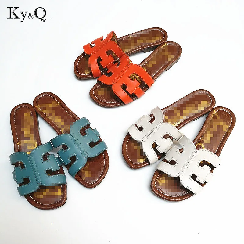 

Summer New Genuine Leather Outside Slides Women 2018 Brand Designed Hollow Out Beach Flip Flop Flat Shoes Female Party Sandals