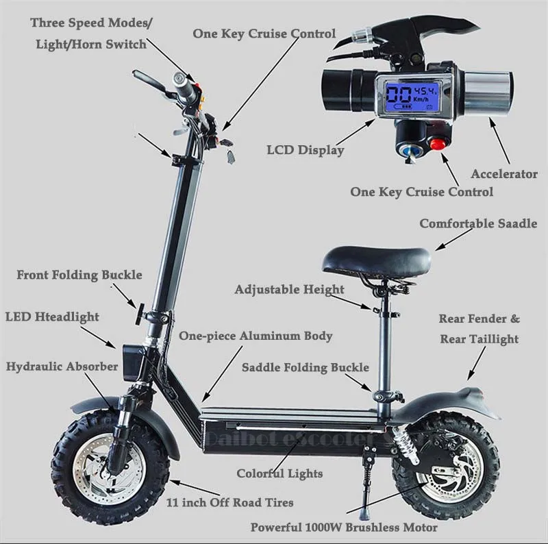 Водонепроницаемый электрический скутер 1000 Вт 11 дюймов электрический скутер внедорожный электрический скутер с сиденьем для взрослых