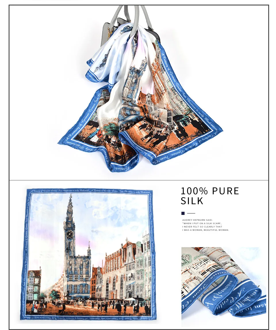 Square Scarf Oil Painting Cityscape House Ocean Bandanas Unisex Muffler Tie For Women