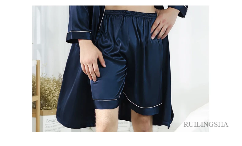 Мужской модный стильный Шелковый пижамный комплект летняя однотонная Домашняя одежда с длинными рукавами ночная рубашка из двух