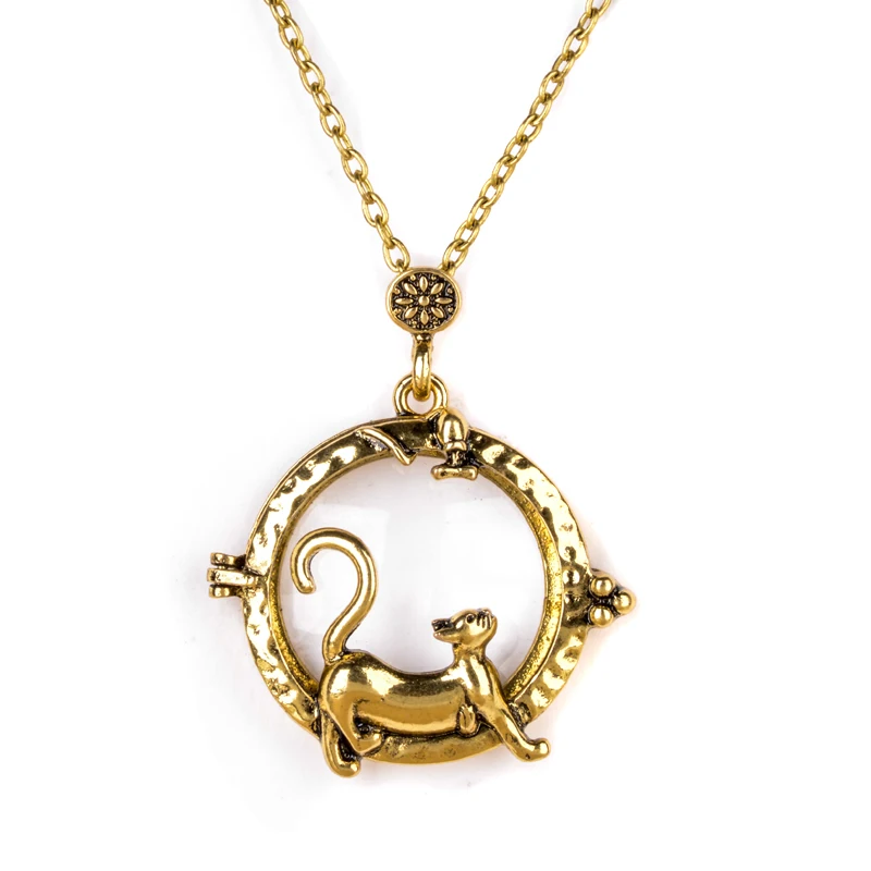 Retro Antique Statement Necklace Shellhard Crystal Cat Magnifying Glass Pendant Long Chain Necklace Fashion Jewelry For Women