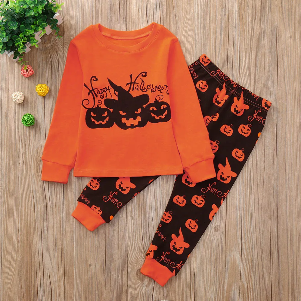 

2019 Kids Sleepwear Pajamas Set Boy Girl Long Sleeve Pumpkin Print T Shirt Tops Cute Ghost Pant Suit Children Halloween Set