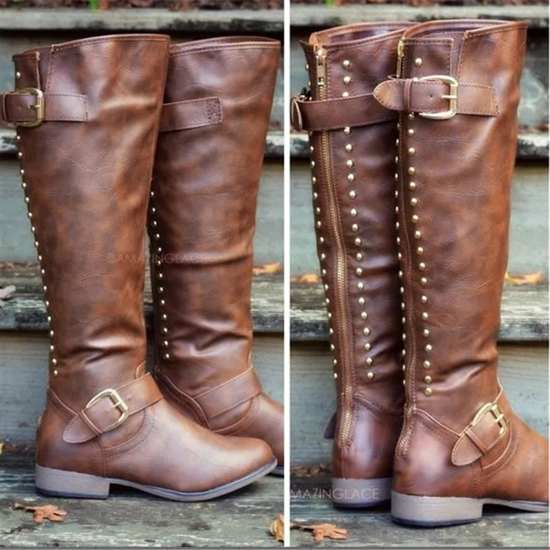 

Ladies Flat Long Spring Autumn Riding Boots Shoes Pu Leather 34-44 Women Western Buckle Rivets Motorcycle Boot Shoes black Brown