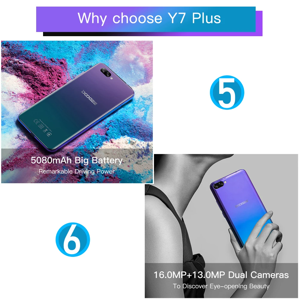 DOOGEE Y7 Plus мобильный телефон MTK6757 Восьмиядерный 2,5 ГГц 6 ГБ ОЗУ 64 Гб ПЗУ 6,18 дюйма 1080*2246 экран 16.0MP + 13.0MP 5080 мАч Android 8,1