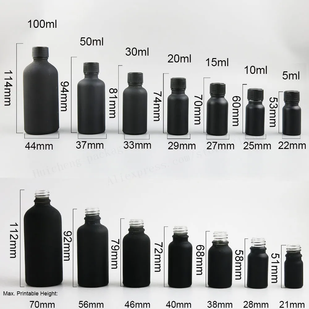 200 x многоразовая матовая черная стеклянная бутылка для эфирного масла с черными фенольными конусными колпачками 5 мл 10 мл 15 мл 20 мл 30 мл 50 мл 100 мл