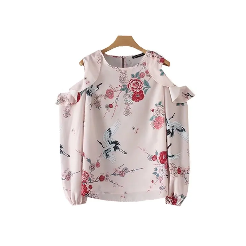 Женщины холодное плечо Шифоновая блузка Цветочные Птица оборками рубашка с принтом с длинными рукавами и круглым вырезом Дамы топ