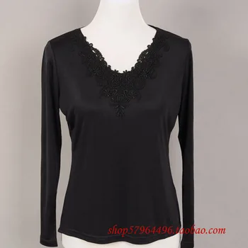 

Knitted silk women's basic shirt natural silk exquisite embroidery laciness thickening V-neck long-sleeve basic shirt