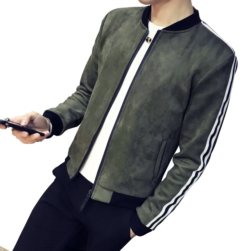 Goede 5 kleuren Gestreepte Jas Mens Jaqueta Masculino Suede Lente Herfst Jas Mannen Campera Hombre Zwart Grijs Rood Groen Leger Jas