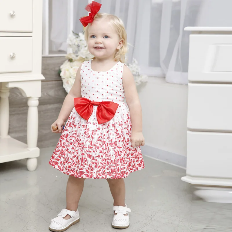 

Beautiful baby girl dresses leaf printing backless sleeveless big bowknot summer first birthday girl party dresses
