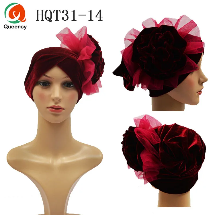 

HQT31 African Headwrap Soft Turban Velvet Readymade Cap with 3D flower Head Wrapper Scarf Women ready tied Headtie