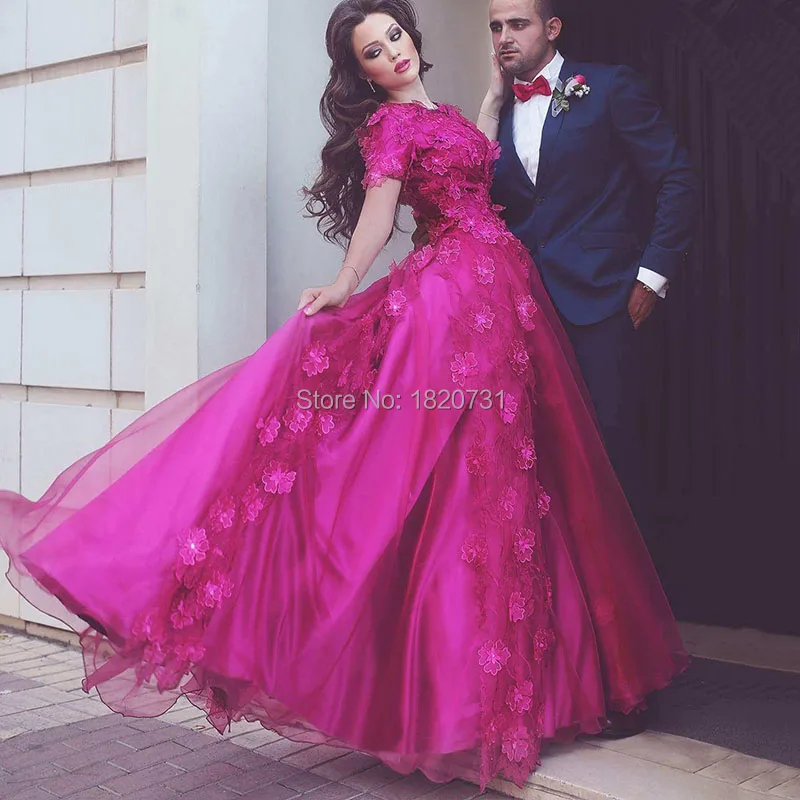 Said-Mhamad-Inspired-3D-Appliques-Evening-Dresses-O-Neck-Luxury-Flowers-Short-Sleeves-Formal-Gowns-Cheap