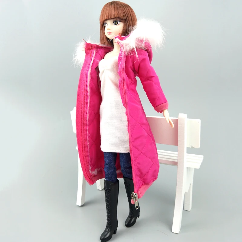 Розовая Зимняя одежда длинное пальто, платье для куклы Барби, парка для 1/6 года, куртка для куклы BJD, аксессуары для кукол 1:6, детская игрушка