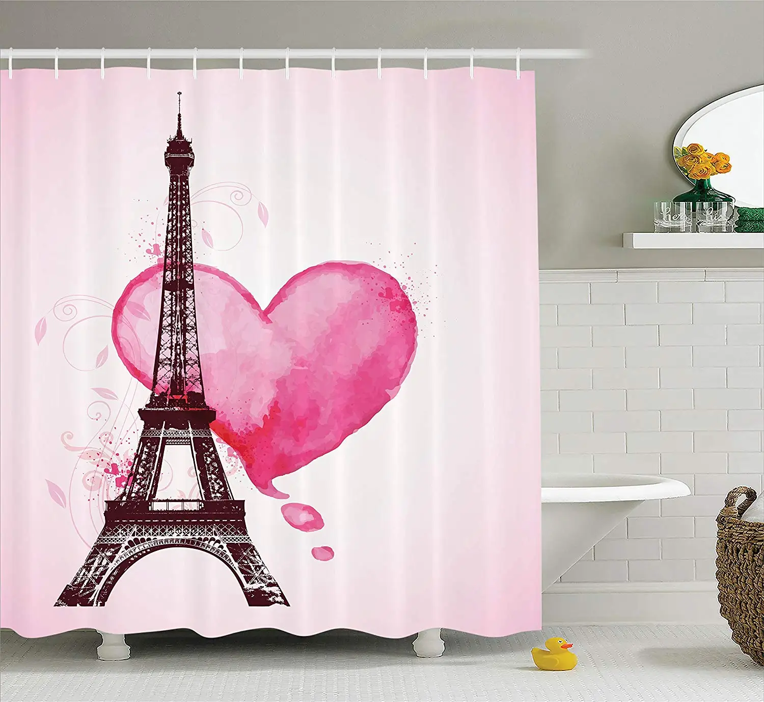 Paris Tower Shower Curtain Set Romantic Valentine Love Watercolor