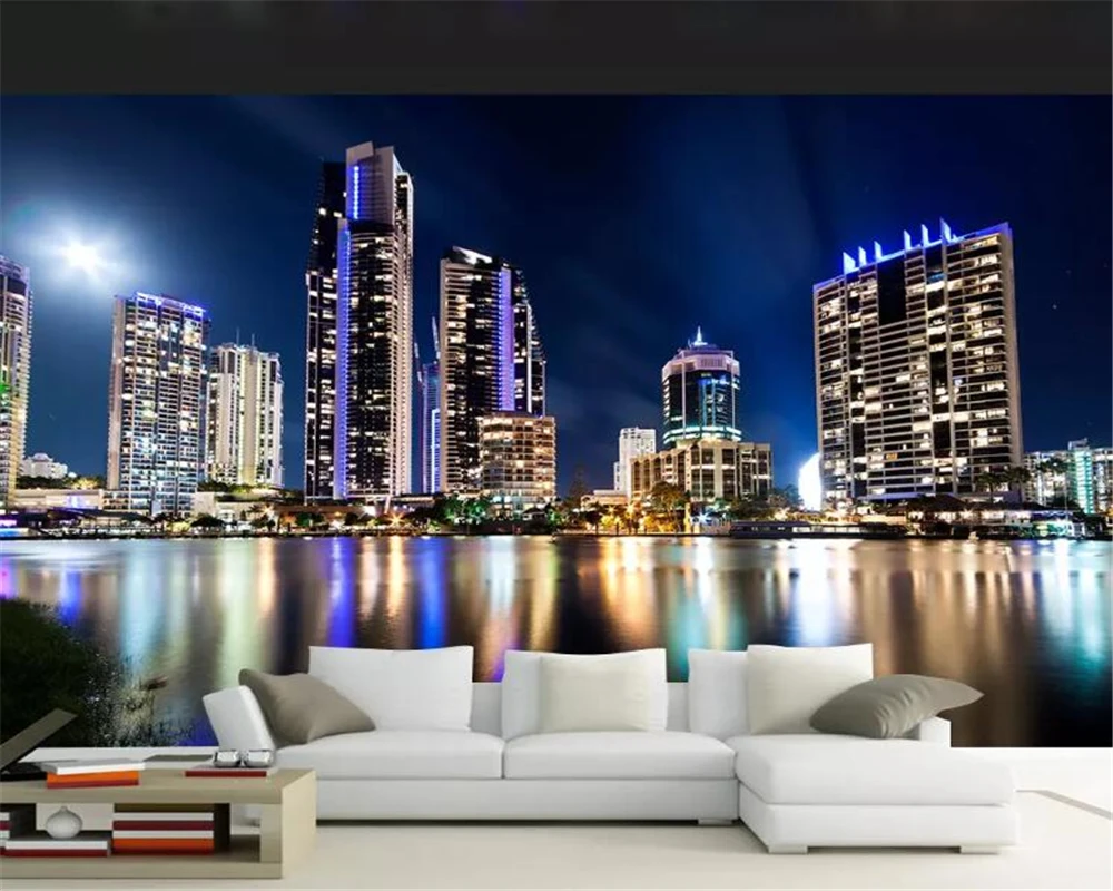 

beibehang Custom 3D Photo Wallpaper Water city night scenery Building 6 styles Wall Mural 3d wallpaper Home Decor Living Room