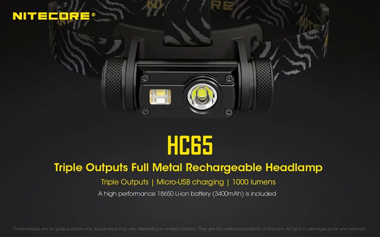 Água sem 18650 Top de Vendas Hc65 Nitecore Farol 1000lm Saída Tripla Ourdoor Farol Lanterna à Prova d' Bateria Frete Grátis 2 headlight flashlight