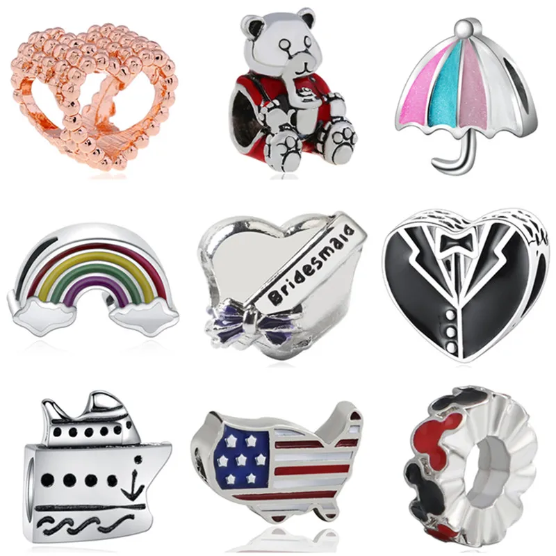 

Hot Fashion Enamel Love Heart Bear Umbrella Rainbow Map Mickey Cartoon Charm Beads Fit Pandora Original DIY Bangle Women Jewelry