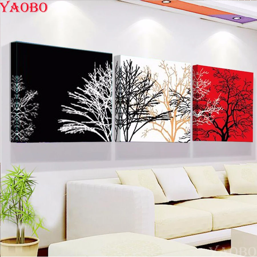 3d pictures diy 3 pcs Diamond Painitng cross stitch Modern Abstract White and Red Tree diamond embroidery mosaic decoration home | Дом и сад