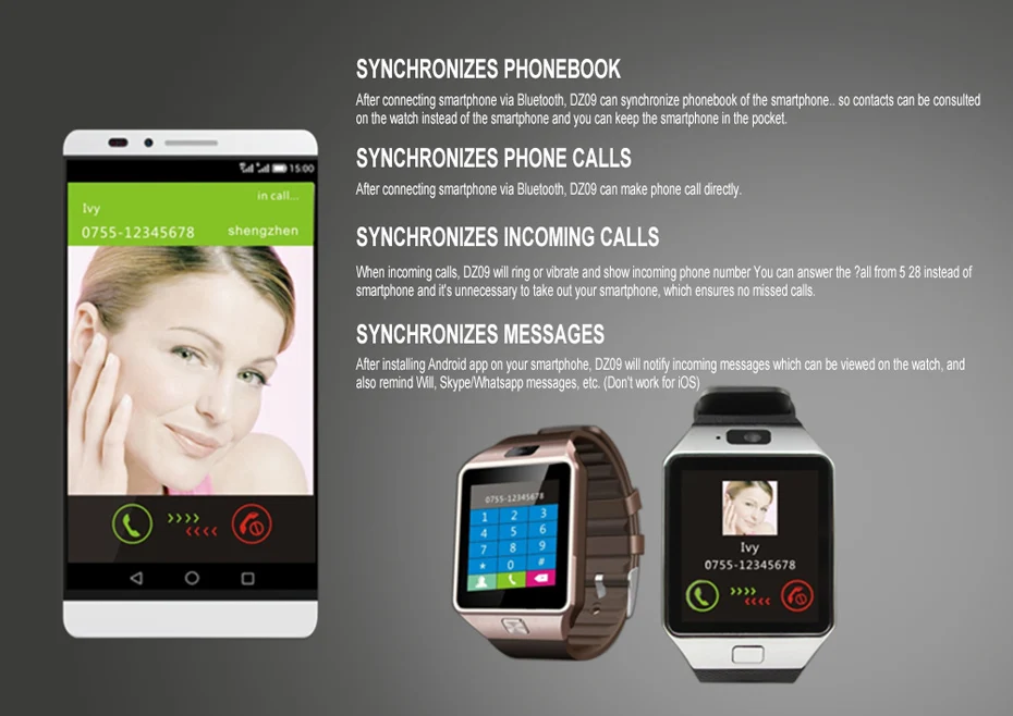 DZ09 Smart Watch Bluetooth Music Playing Pedometer Fitness Tracker Men Women Wristwatch TF SIM Card For Android Phones 2017 (2)