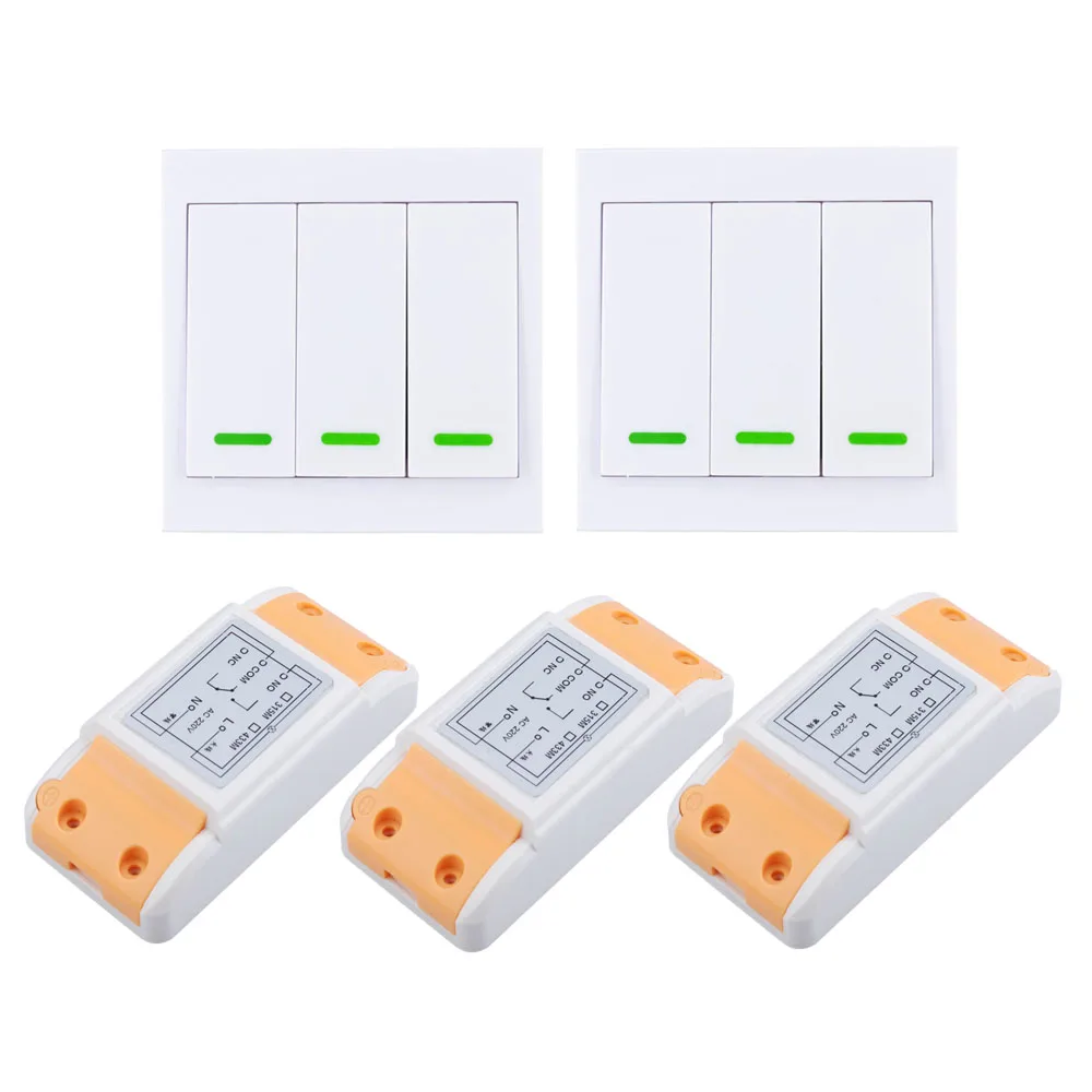 

220V 3CH 10A RF Wireless Remote Control Lights Switch System Receiver + Wall Panel Remote Transmitter Sticky Remote Smart Home