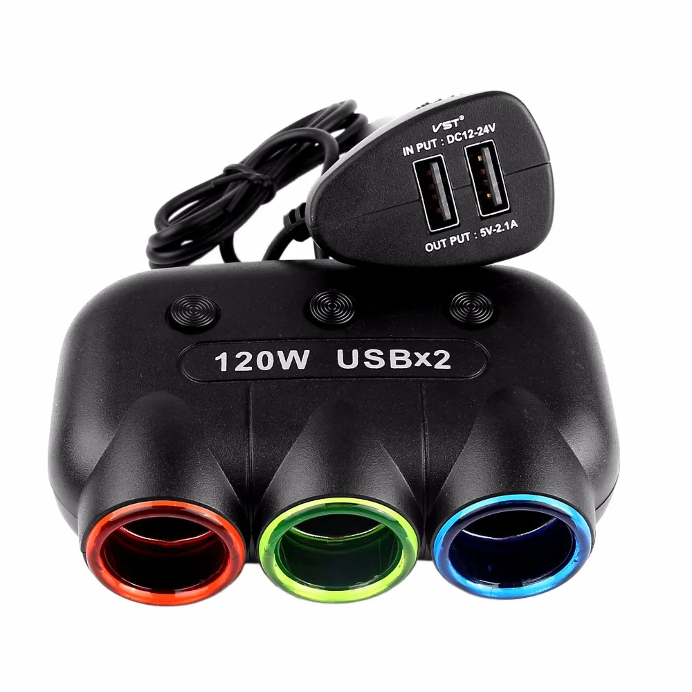

12V-24V 5V/2.1A 120W Multi Socket Auto Car Cigarette Lighter Splitter USB Power Adapter Charger with Switch Charger for iPhone