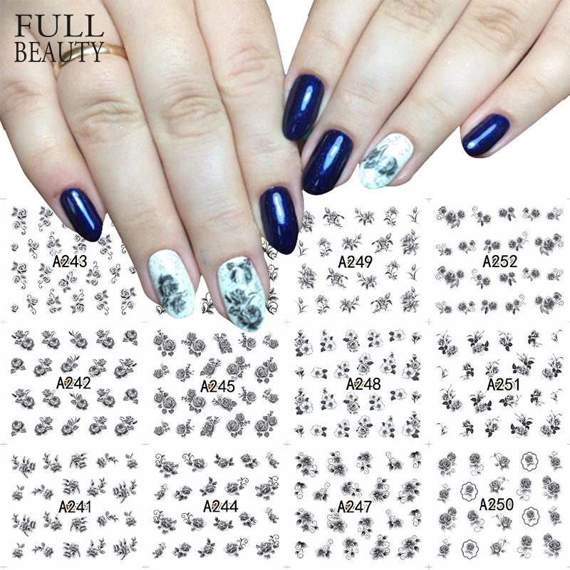 

12 Designs Nail Art Sticker Set Black Colors Flower Multi-use DIY Beauty Nail Decals Watermark Slider Nail Wrap Tip A241-252